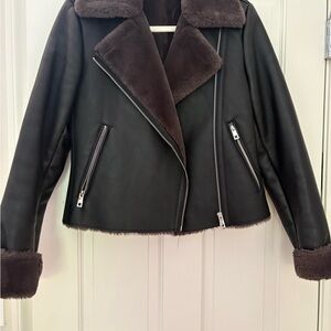 Mango Black Leather Jacket with Brown Fur Lining